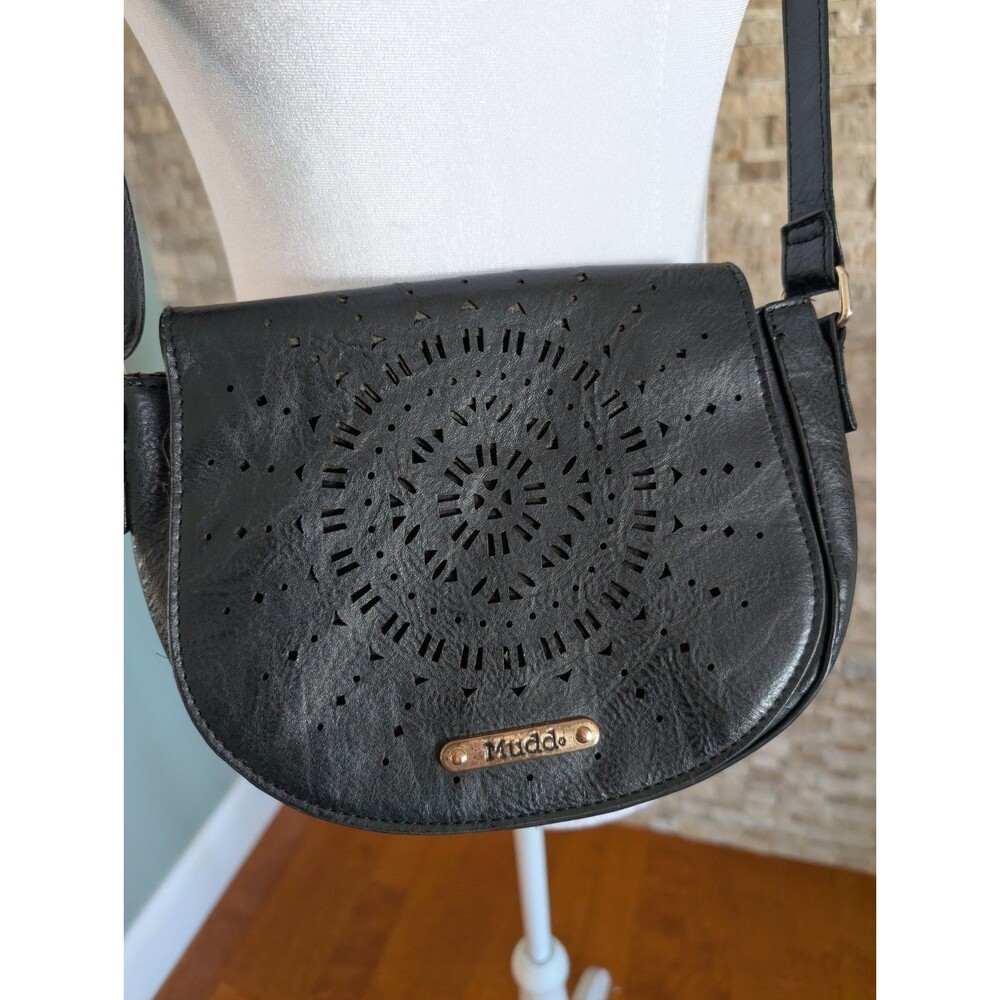 Vintage Y2K Mudd Crossbody Sunburst Perforated Purse 9" Faux Leather Boho Chic image 4